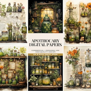 Papéis de diário de boticário, páginas imprimíveis de farmácia vintage, scrapbooking digital, papéis de poções de ervas, diário de farmácia vintage