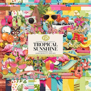 Tropical Sunshine Digital Scrapbook Bundle, 158 Summer Elements and Papers, Vacation Clipart, Island Vibes, Beach Holiday PNGs, Paradise Kit