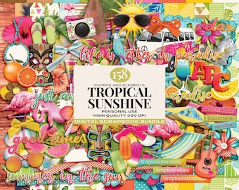 May include: A digital scrapbook bundle with a tropical theme. The image features various elements like flamingos, a surfboard, a camera, and the text "Tropical Sunshine". The color palette includes vibrant pinks, oranges, and blues, evoking a summer vibe.