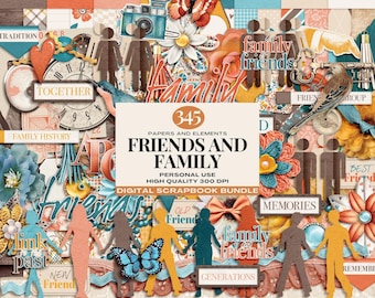 Paquete de álbumes de recortes digitales para familiares y amigos: 345 papeles y elementos para diarios genealógicos, libros de recuerdos y páginas de scrapbooking.
