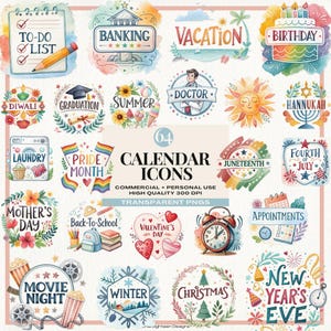 Calendrier icônes Clipart, ensemble de graphiques de planificateur imprimable, dessins Png vacances, illustrations saisonnières pour scrapbooking, journalisation et travaux manuels