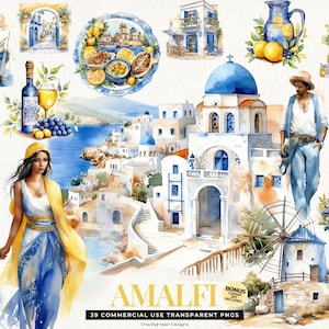 Clipart della Costiera Amalfitana, Piastrelle Mediterranee, Clipart di Limoni ad Acquerello, Carta Digitale di Piastrelle in Ceramica Azulejo Portoghesi, Pacchetto di Clipart Estive