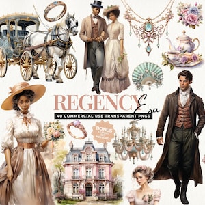 Regency Era Clipart Vintage Romance Clipart Bundle Regency Watercolor Clip Art Victorian Ephemera Images Regency Fashion Illustrations