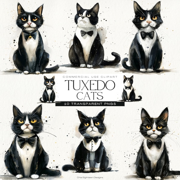 Tuxedo Cat Clipart, Black and White, Animal Illustration, Cat Breed, Fur Baby, Watercolor, Printable Art, Commercial Use, INSTANT DOWNLOAD