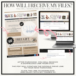 Pu&ograve; includere: Una grafica rosa e bianca con il testo "HOW WILL I RECEIVE MY FILES?" e "YOU WILL DOWNLOAD A PDF LINK TO FILES". La grafica mostra un laptop con una finestra di Google Drive aperta, e una freccia rosa che punta a una casella di testo che dice "CLICK ON THE LINKS BELOW TO ACCESS YOUR FILES FROM MY GOOGLE DRIVE".