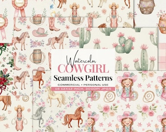 Cowgirl Seamless Digital Papers, Watercolor Western Patterns, Rodeo Party Decorations, Digital Download
