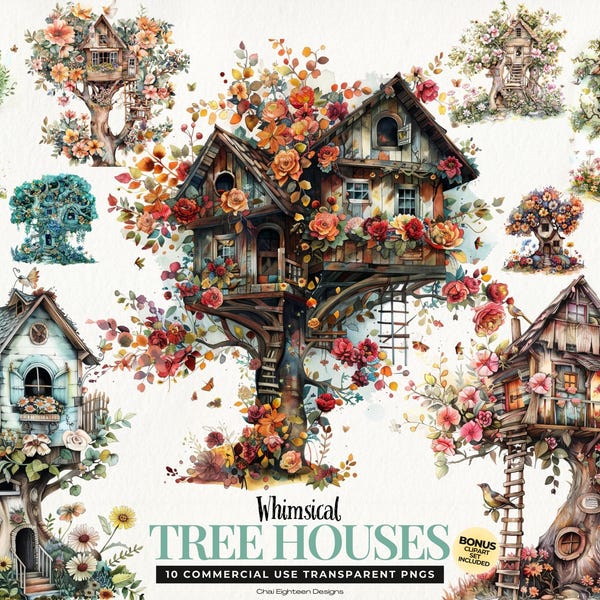 Paquete PNG de casa del árbol caprichosa, clipart de árbol de fantasía, casa del árbol floral caprichosa, ilustraciones de casas del árbol mágicas, imágenes de bosques encantados