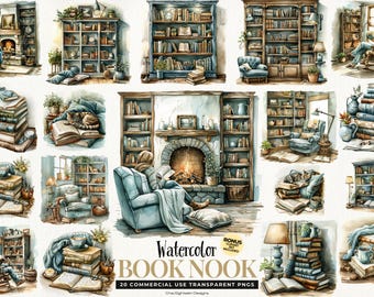 Imágenes prediseñadas de rincón de lectura, decoración de biblioteca vintage, PNG con temática de libros, descarga digital