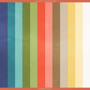 Pu&ograve; includere: Un set di 12 texture di carta digitale in vari colori, tra cui blu, verde, rosso, rosa, marrone, beige, giallo e bianco. Le texture hanno un aspetto leggermente granulare, che ricorda la carta vintage.