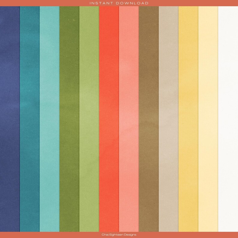 Pu&ograve; includere: Un set di 12 texture di carta digitale in vari colori, tra cui blu, verde, rosso, rosa, marrone, beige, giallo e bianco. Le texture hanno un aspetto leggermente granulare, che ricorda la carta vintage.