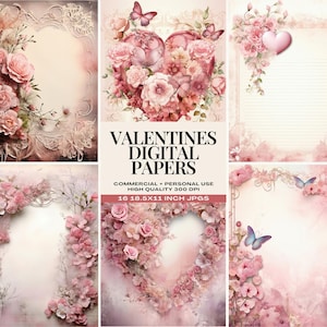 Valentinstag Digital Download Karton, Romantische Blumen Papiere, Rosa Scrapbook Seiten, Vintage Valentinstag Designs, Romantische Papierkunst