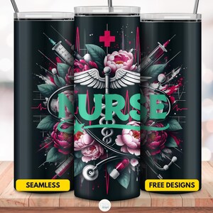 Enfermeira registrada 20oz Skinny Tumbler Wrap, Caduceus Seamless Sublimation, Download de PNG para profissional de saúde, presente para herói de primeiros socorros