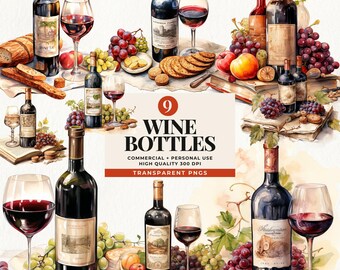 May include: Nine watercolor illustrations of wine bottles with grapes, fruit, and cheese. The bottles are labeled with different names and have a vintage look. The text "9 Wine Bottles" is in the center of the image.