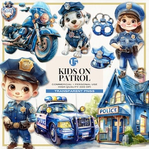 Politie aquarel clipart, rechtshandhaving beelden, politieagent graphics, politie kinderen, verjaardagsfeestje uitnodigen, commercieel gebruik, INSTANT DOWNLOAD