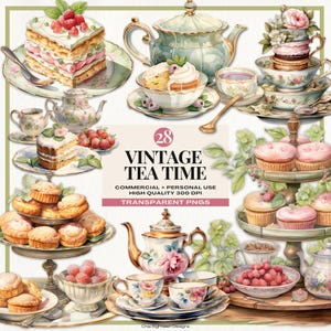 Clipart di una tazza da tè vintage ad acquerello, sedia da tè floreale, set per il tè, tazza da tè con fiori, teiera, alzatina per torte, uso commerciale, DOWNLOAD IMMEDIATO