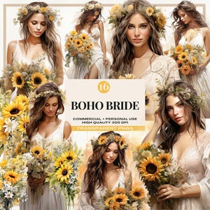 Boho Braut Aquarell Clipart Bündel, Brautparty, rustikale Hochzeit Braut Clip Art, Sonnenblumensträuße, Boho Braut, Blumenillustration