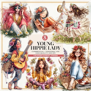 Bundle PNG hippie Girl, Clipart esthétique Boho, Sublimation esthétique rétro, Illustrations aquarelle Boho Lady, téléchargement numérique