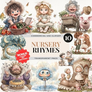 Vintage kinderliedje clipart, kinderverhalenboekillustraties, aquarel sprookjeskunst, kinderkamer inrichting png, klassieke verhalen, BONUS clipart