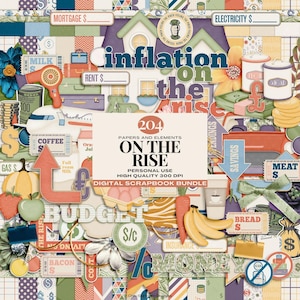 Paquete de scrapbooking de presupuesto y economía, imágenes prediseñadas y documentos sobre inflación, gráficos de planificación financiera, colección de scrapbooking digital "On The Rise"