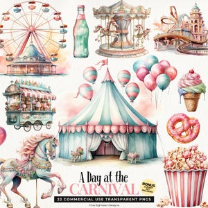 Pastelkleurige kermisclipart, carrouselclipart, pretparkelementen, aquarel kermiscarrousel, attracties, eetkraampjes.