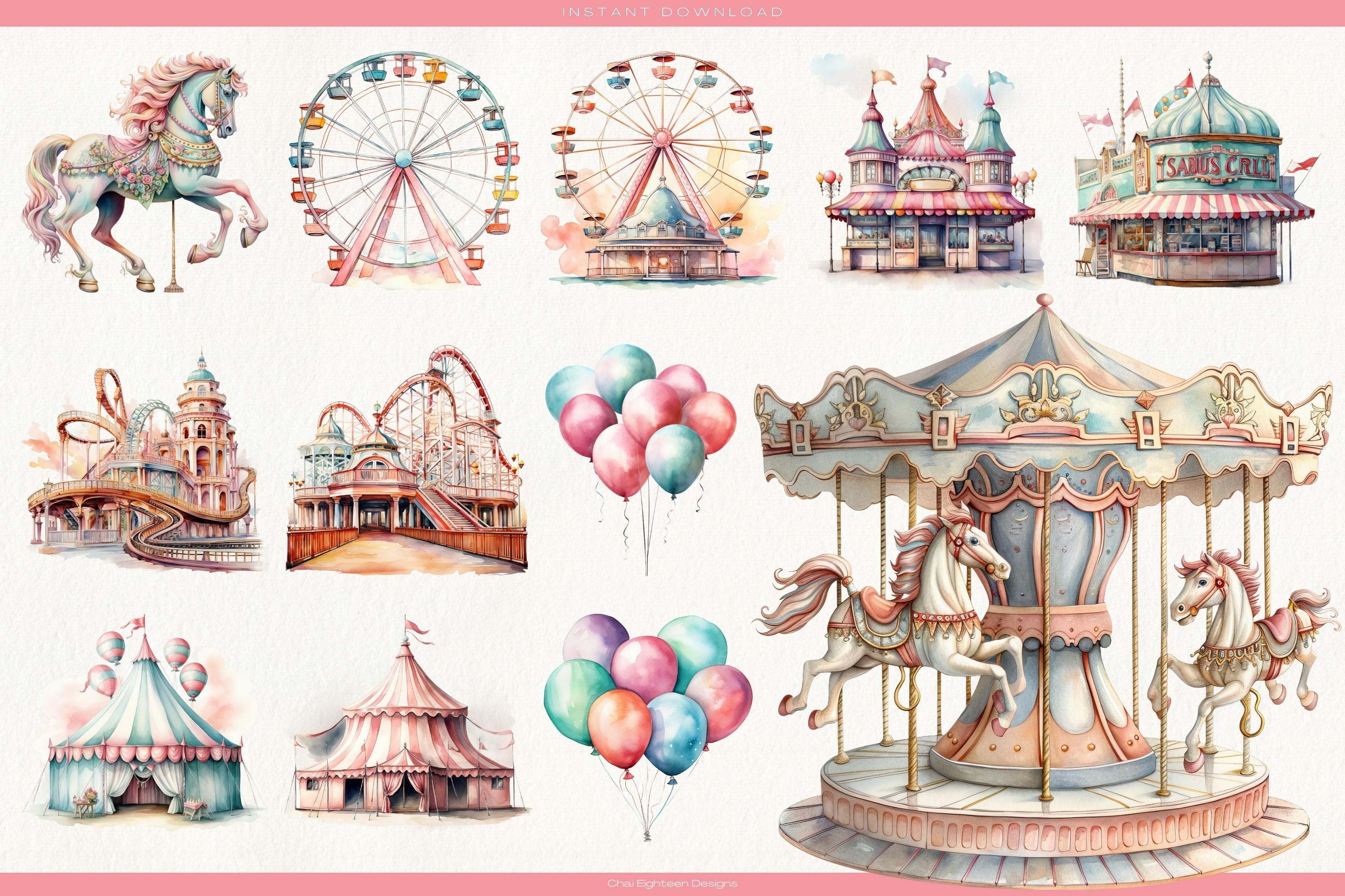 Pastel Carnival Clipart Carousel Clip Art Amusement Park Funfair ...