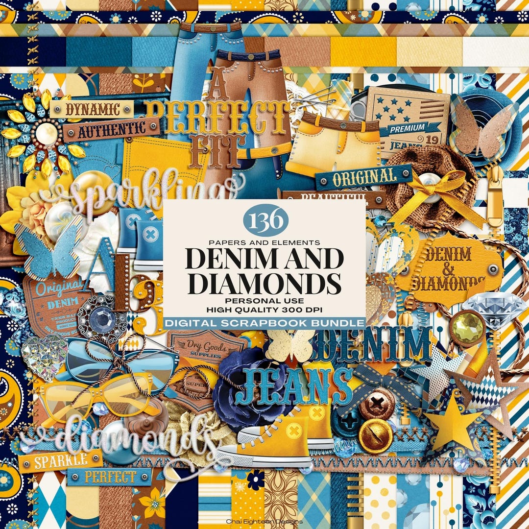 Denim Digital Papers, Denim and Diamonds Digital Scrapbooking Bundle ...