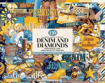 Papeles digitales de mezclilla, paquete de scrapbooking digital de mezclilla y diamantes, elementos de textura de mezclilla para scrapbooking, elementos de diario artístico de mezclilla