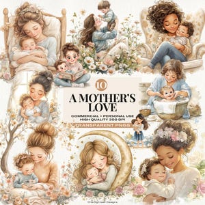 Bundle de cliparts aquarelle maman et bébé, sublimation graphiques pour la fête des mères, illustrations maman et moi, conception de maternité confortable, cadeau pour maman