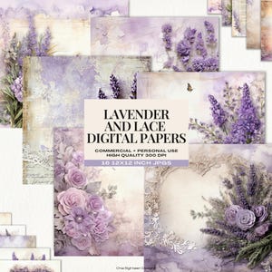 Paquet de papier numérique violet lavande et dentelle, papier de scrapbooking shabby chic, arrière-plans lilas vintage, fournitures de création florales éphémères