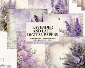 Lavender Lace Digital Paper Pack: Shabby Chic Floral Scrapbook