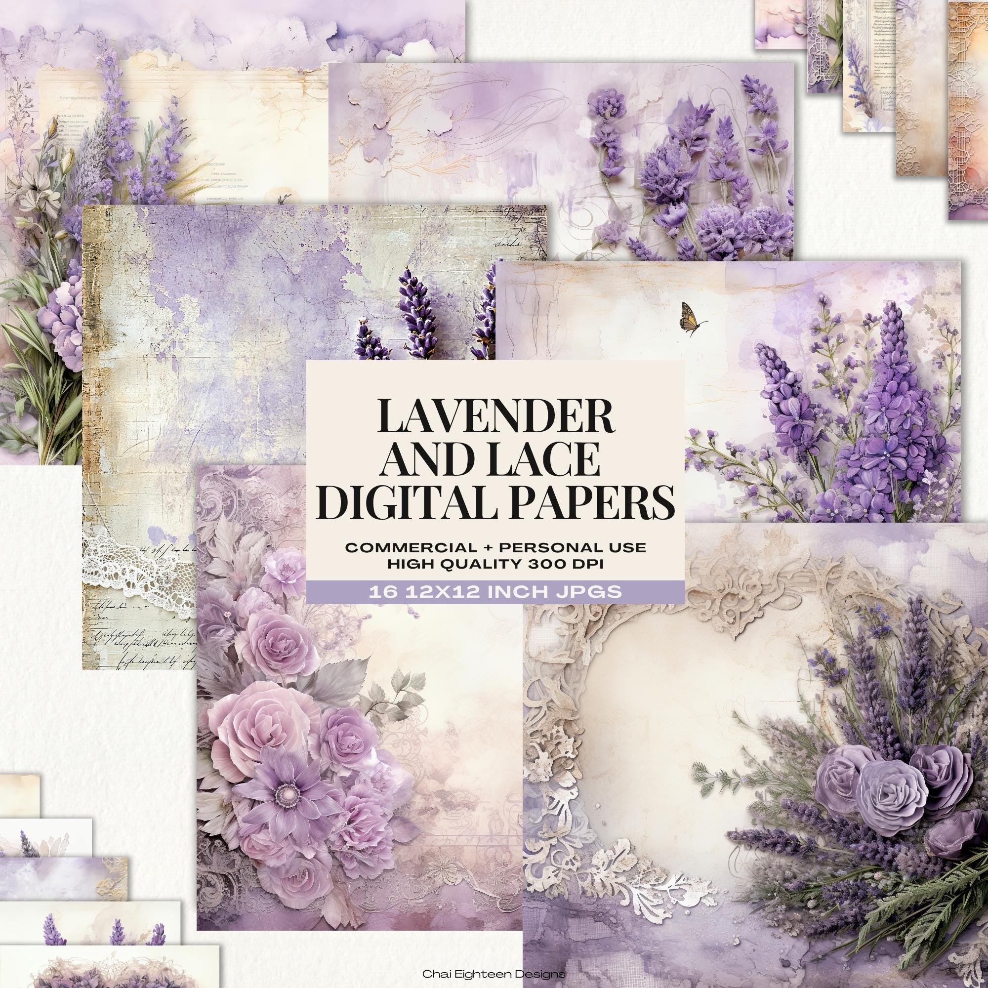 Lavender Lace Digital Paper Pack: Shabby Chic Floral Scrapbook