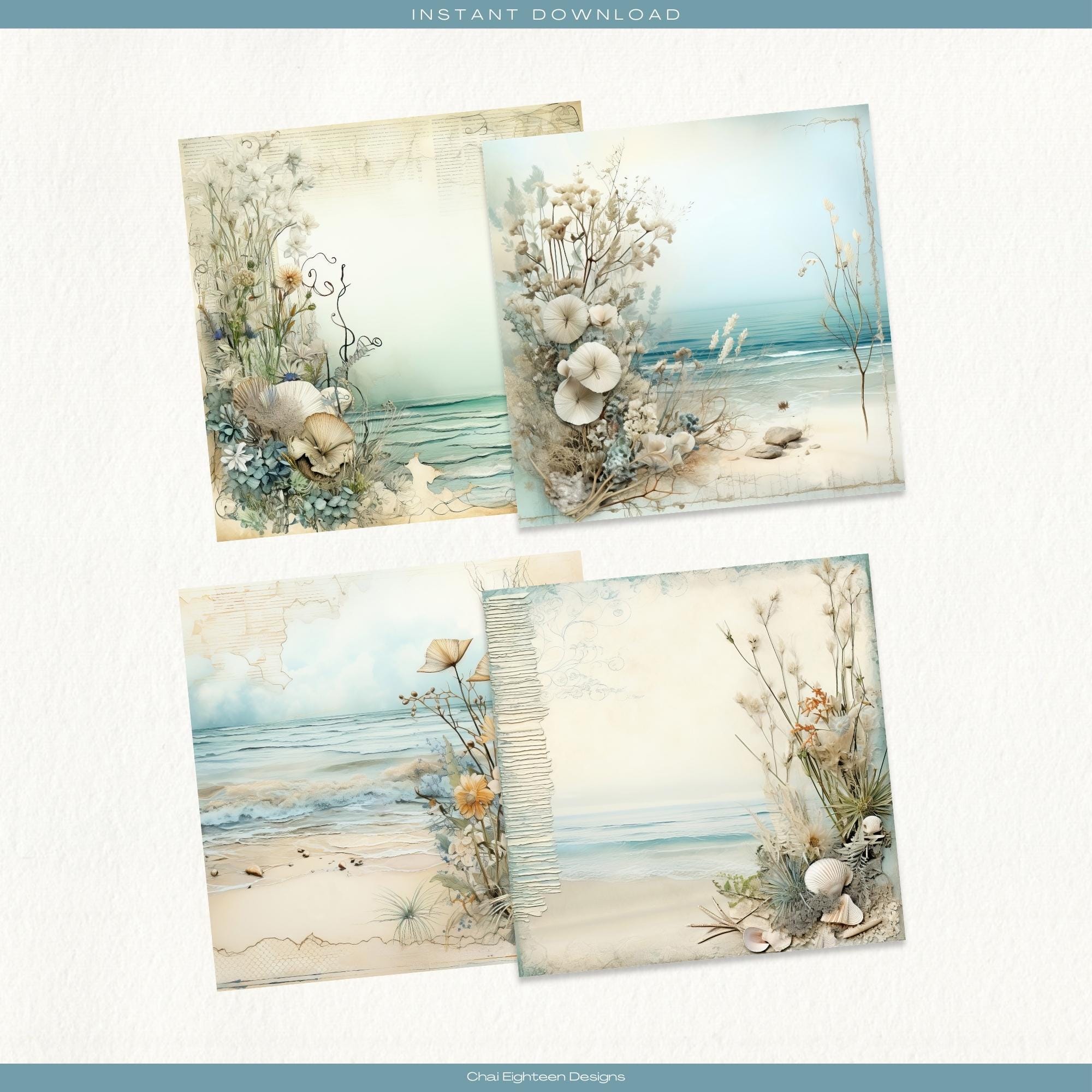 Vintage Coastal Beach Digital Papers, Ocean Scrapbook Backgrounds ...