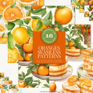 Cutie Orange Digital Papers, Orange Blossom Seamless Patterns, Citrus Fruit Summer Bridal Shower, Orange Cake Graphics, Scrapbooking Papers