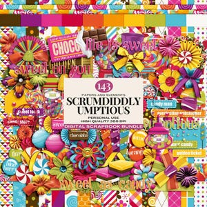 Scrumdiddlyumptious digitale plakboekbundel met snoepthema, zoete lekkernijen digitale ongewenste dagboek clipart, snoep en lollie decor voor feest