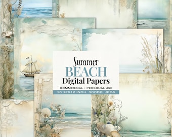 Vintage Coastal Beach Digital Papers, Ocean Scrapbook Backgrounds, Digital Download
