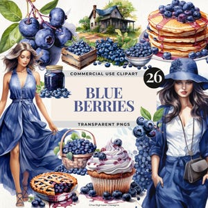 Aquarelle myrtille clipart, clipart été juteux de baies, bleuets filles, illustrations numériques de bleuets et graphiques de fruits de myrtille