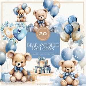 Bär und blaue Ballons Clipart, Kinderzimmer Teddy Bär Clip Art, Baby Bär Dusche einladen, Ballon Illustration, kommerzielle Nutzung, INSTANT DOWNLOAD