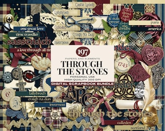 May include: A digital scrapbook bundle with a Scottish theme, featuring various papers and elements. The design includes text such as "Through the Stones," "Sassenach," and "Castle Leoch," with a color palette of navy, burgundy, and cream.