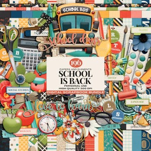 Digitalt scrapbook-paket för skolstart, akademiska och pedagogiska designer, klassrumstema, clipart-kit för lärare, grafik för elevjournaler