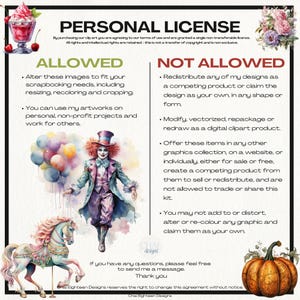 Pu&ograve; includere: Un'illustrazione ad acquerello di un giullare che tiene palloncini, un cavallo di giostra e una zucca. L'immagine include del testo che delinea i termini di utilizzo per una licenza personale per l'opera d'arte. Il testo afferma che l'opera d'arte pu&ograve; essere utilizzata per progetti personali senza scopo di lucro, ma non pu&ograve; essere ridistribuita o venduta.