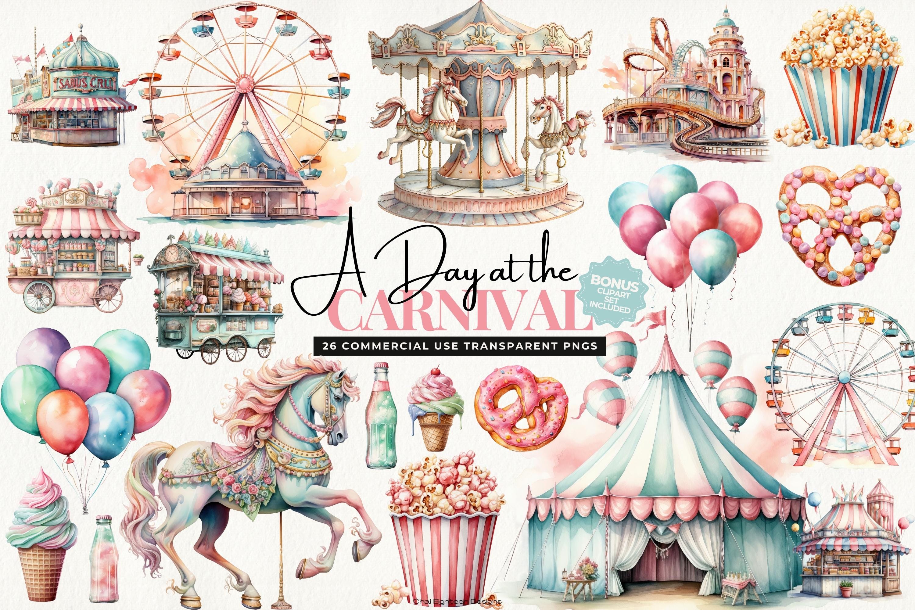 Pastell Karneval Clipart Karussell Clip Art Vergnügungspark Kirmes Elemente Aquarell Rummelplatz Karussell Fahrgeschäfte Garküche Anbieter