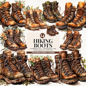 Clipart set wandelschoen, outdoor avontuur illustraties, essentials voor wandelaar, bergwandelschoen, geocachingkunst, natuurjournaling illustraties