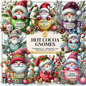 Watercolor Hot Cocoa Gnomes Clipart, Festive Holiday Gnome PNGs, Cute Christmas Gnomes, Santa Gnome in Mug png, Holiday Sublimation Files