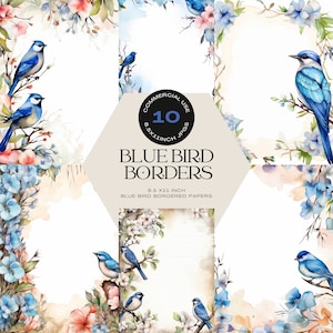 Bases para convites de pássaros azuis, designs de papel para cartas, bordas de flores de gaio azul, papéis digitais florais, ilustrações de pássaros, faça seu próprio convite