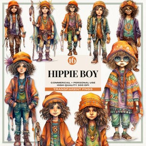Hippie Boy-clipartset, 16 afbeeldingen met boho-thema, retro hippie-illustratie voor scrapbooking, knutselen en decor, op maat gemaakt voor sublimatie