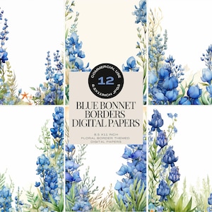 Bluebonnets Digitaal plakboekpapier Schrijfpapierontwerpen Blauwe motorkap Bloemranden Bruiloft bloemen Uitnodigingspapier Botanische illustraties