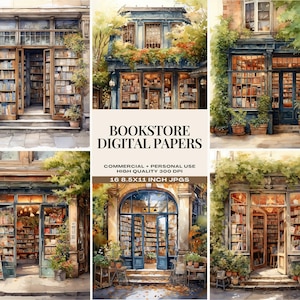 Junk Journal Bookstore, gezellige boekwinkel Scrapbookingpapieren, vintage digitale papieren, achtergronden bibliotheekboekwinkel, ouderwetse leeswinkel
