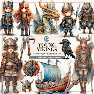Clipart de vikingos adolescentes en acuarela Clip art de vikingos nórdicos Civilización antigua vikinga escandinava Ilustraciones nórdicas de guerreros vikingos