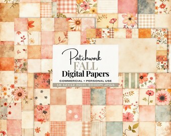 Herbstliche Quilt-Scrapbook-Hintergründe, digitales Patchwork-Herbstpapier-Set, rustikales Herbstblumen-Bastelpapier, gemütliche Vintage-Herbst-Druckpapiere