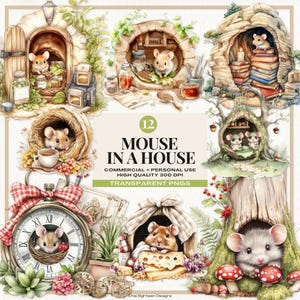 Muisgat PNG-bundel, gezellige Cottagecore muizenhuis illustratie, grillige bos dieren clipart, gezellig seizoensdecor, sublimatie crafting